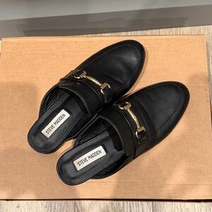 Steve Madden Black Leather Loafers with Gold Accent